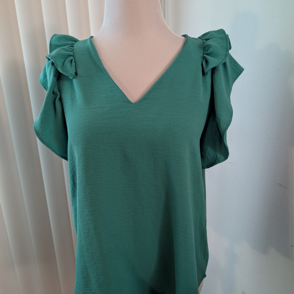 Green V-Neck Women's Top